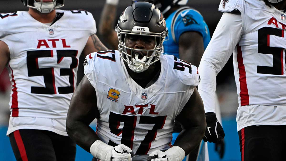 Atlanta Falcons defensive end Grady Jarrett (97) celebrates making a tackle in the second quarter at Bank of America Stadium. 