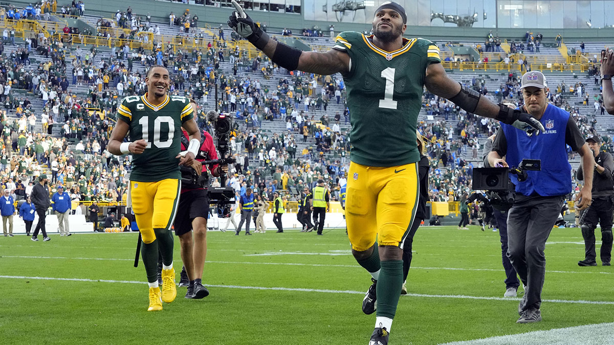 Green Bay Packers defensive end Micah Parsons (1) celebrates after their win against the Detroit Lions at Lambeau Field.