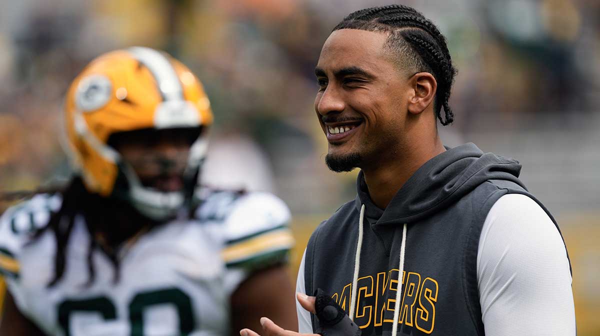 Green Bay Packers quarterback Jordan Love (10) looks on during warmups prior to the game against the Seattle Seahawks at Lambeau Field.