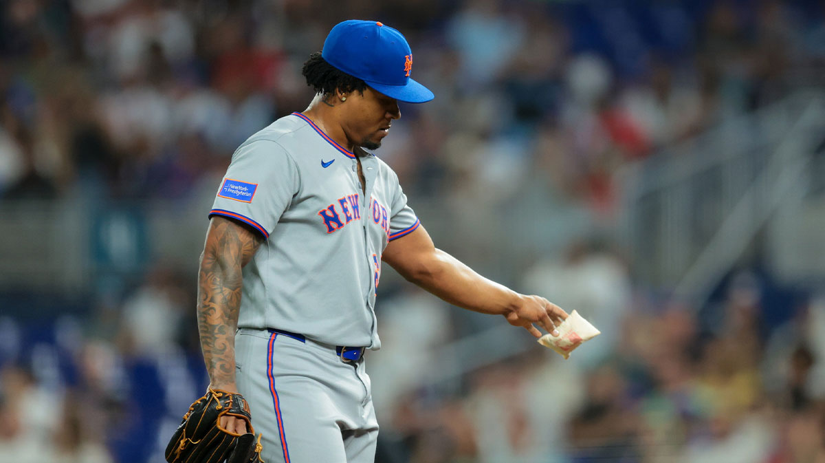 New York Mets relief pitcher Gregory Soto (65) tosses a rosin bag after allowing a two-run home run against Miami Marlins pinch hitter Connor Norby (not pictured) during the fifth inning at loanDepot Park. 