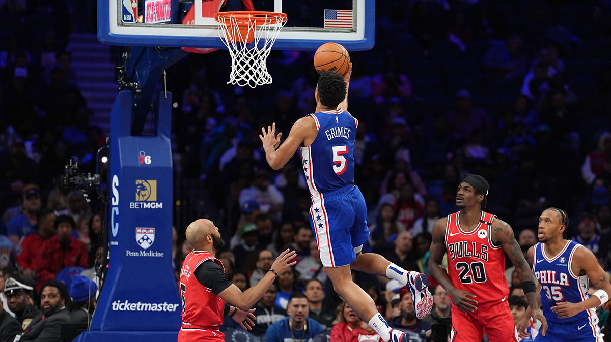 Philadelphia 76ers guard Quentin Grimes (5) drives to shoot against the Chicago Bulls in the fourth quarter at Wells Fargo Center.
