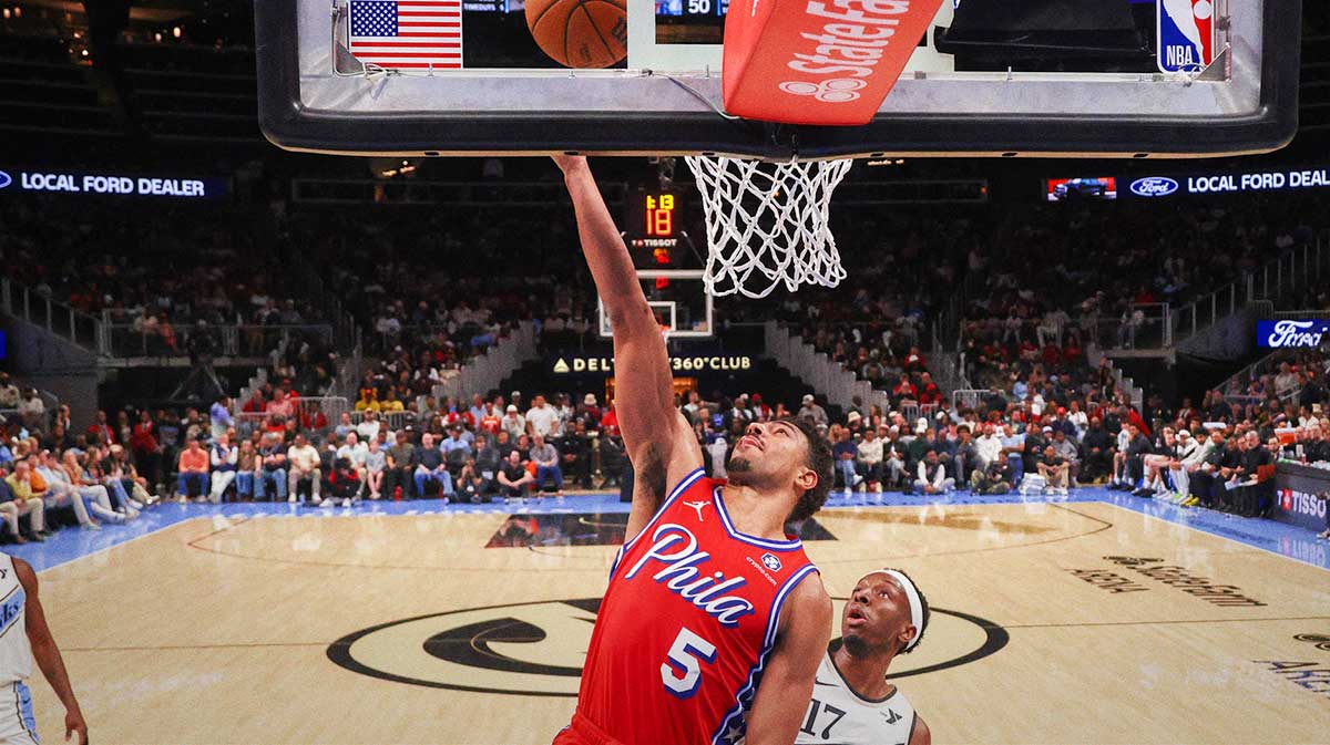 Philadelphia 76ers guard Quentin Grimes (5) shoots against the Atlanta Hawks in the first half at State Farm Arena.