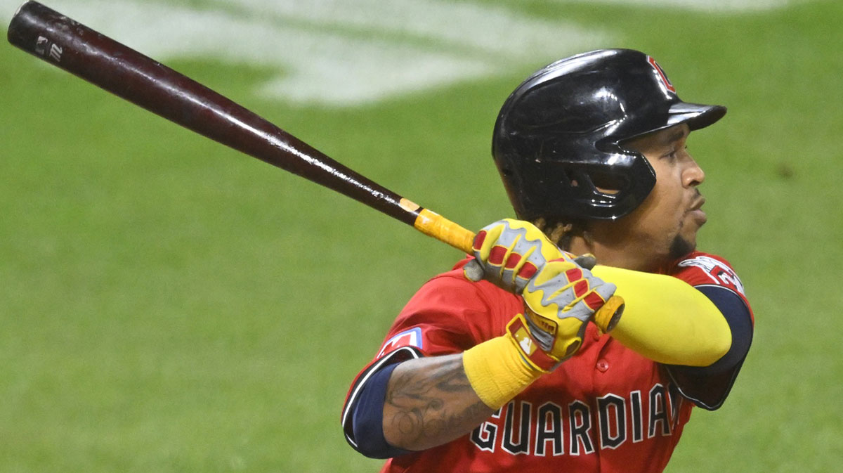 Cleveland Guardians third baseman Jose Ramirez (11) hits an RBI double in the seventh inning against the Detroit Tigers at Progressive Field.