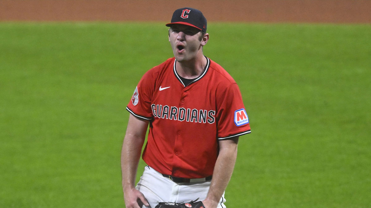 Cleveland Guardians starting pitcher Gavin Williams (32) reacts at the end of the fourth inning against the Detroit Tigers at Progressive Field.