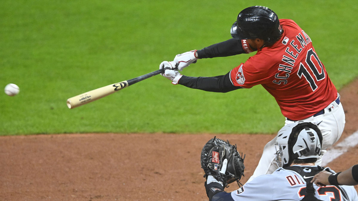 Cleveland Guardians pinch hitter Daniel Schneemann (10) hits a two-RBI single in the seventh inning against the Detroit Tigers at Progressive Field.