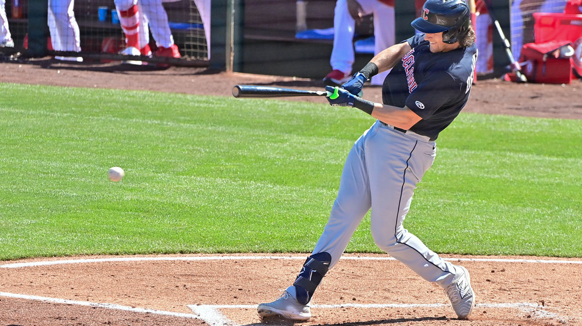 Cleveland Guardians right fielder Chase DeLauter (6) grounds out in the third inning against the Los Angeles Angels during a spring training game at Tempe Diablo Stadium.