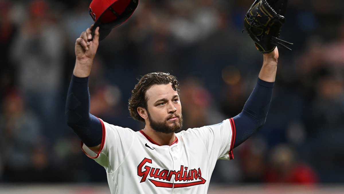 Cleveland Guardians starting pitcher Slade Cecconi (44) reacts after losing his no-hitter against the Kansas City Royals during the eighth inning at Progressive Field.