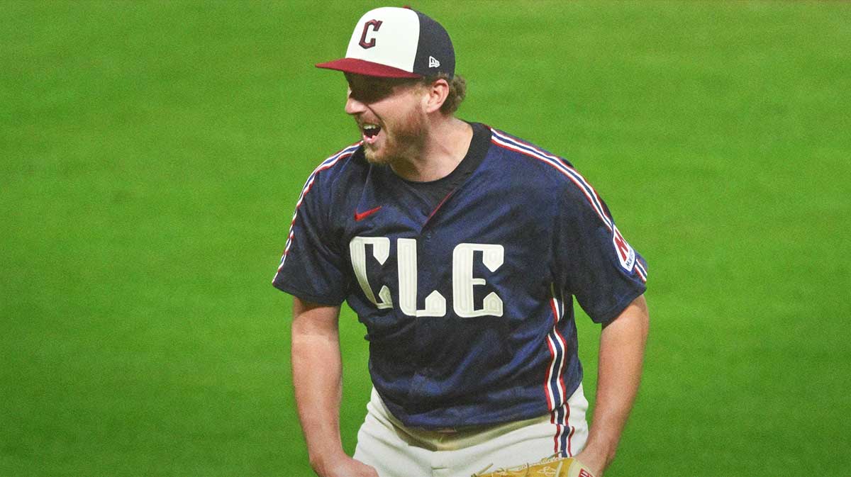 Cleveland Guardians starting pitcher Tanner Bibee (28) celebrates his complete game shutout win over the Chicago White Sox at Progressive Field.