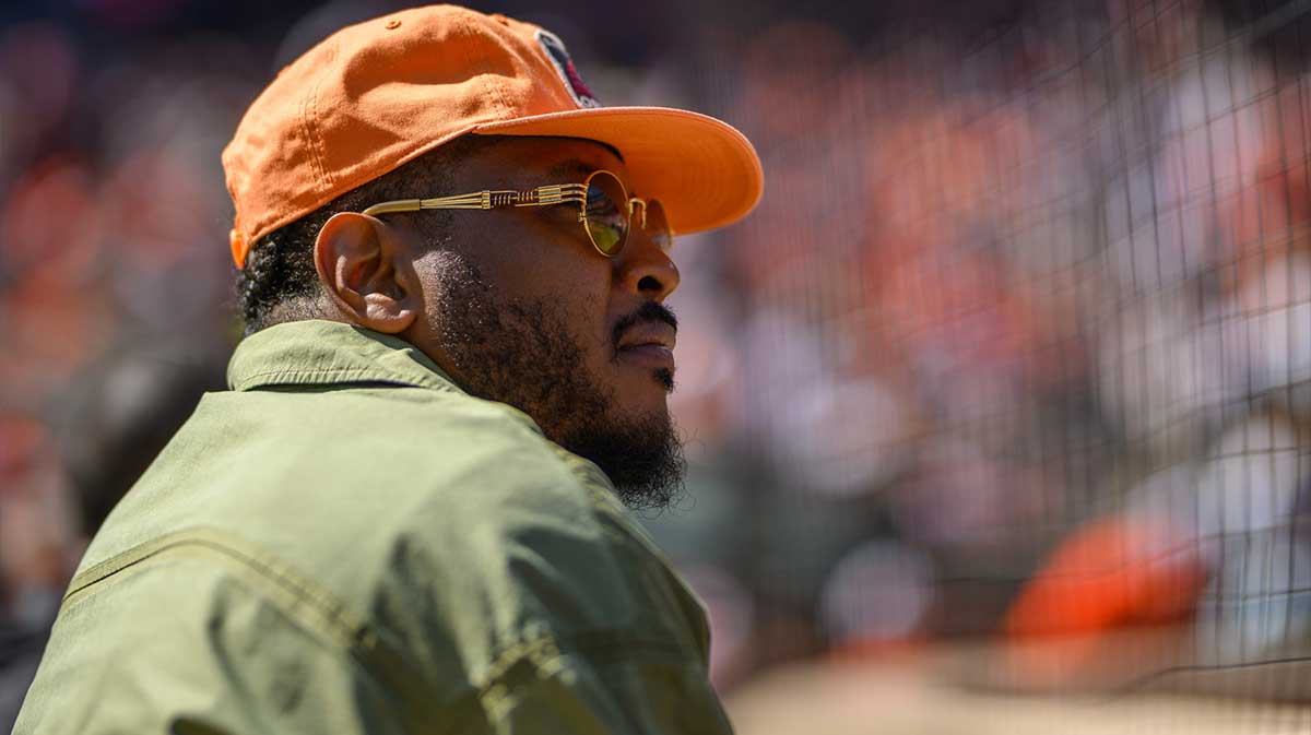 Carmelo Anthony attends a game between the Baltimore Orioles and the Tampa Bay Rays at Oriole Park at Camden Yards