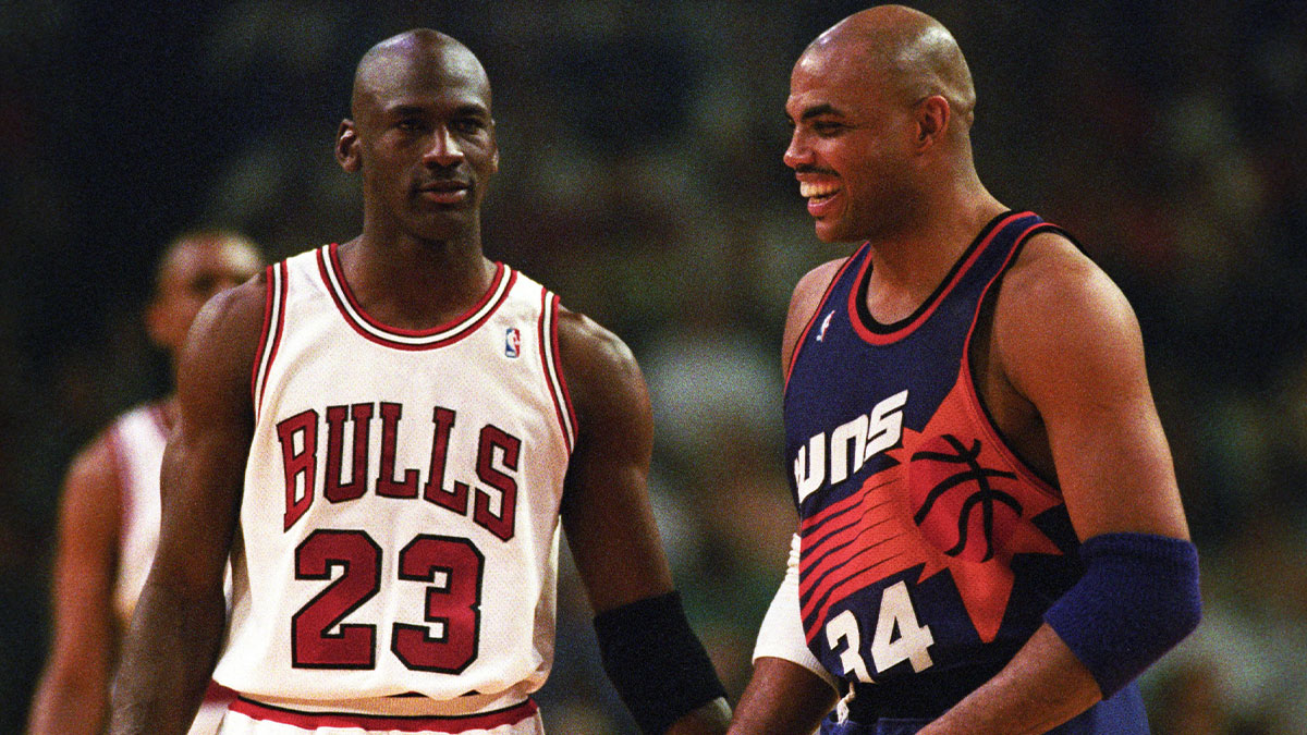 Bulls guard Michael Jordan and Suns forward Charles Barkley face off in the 1993 NBA Finals