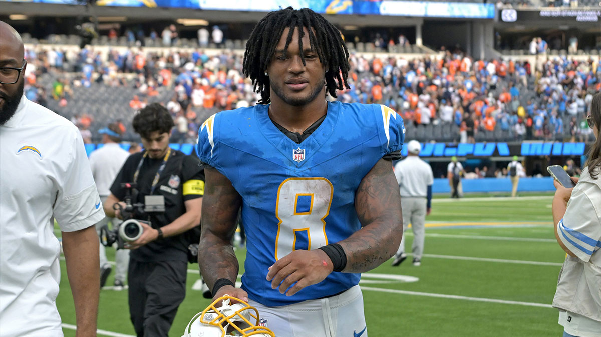 Los Angeles Chargers running back Omarion Hampton (8) leaves the field after defeating the Denver Broncos 23-20 at SoFi Stadium.