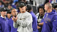 Baltimore Ravens head coach John Harbaugh looks on during the third quarter against the Buffalo Bills at Highmark Stadium.