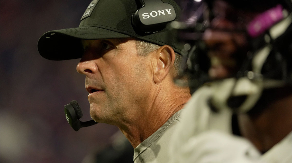 Baltimore Ravens head coach John Harbaugh watches the offense on the field during first half action against the Baltimore Ravens at Highmark Stadium in Orchard Park on Sept. 7, 2025.