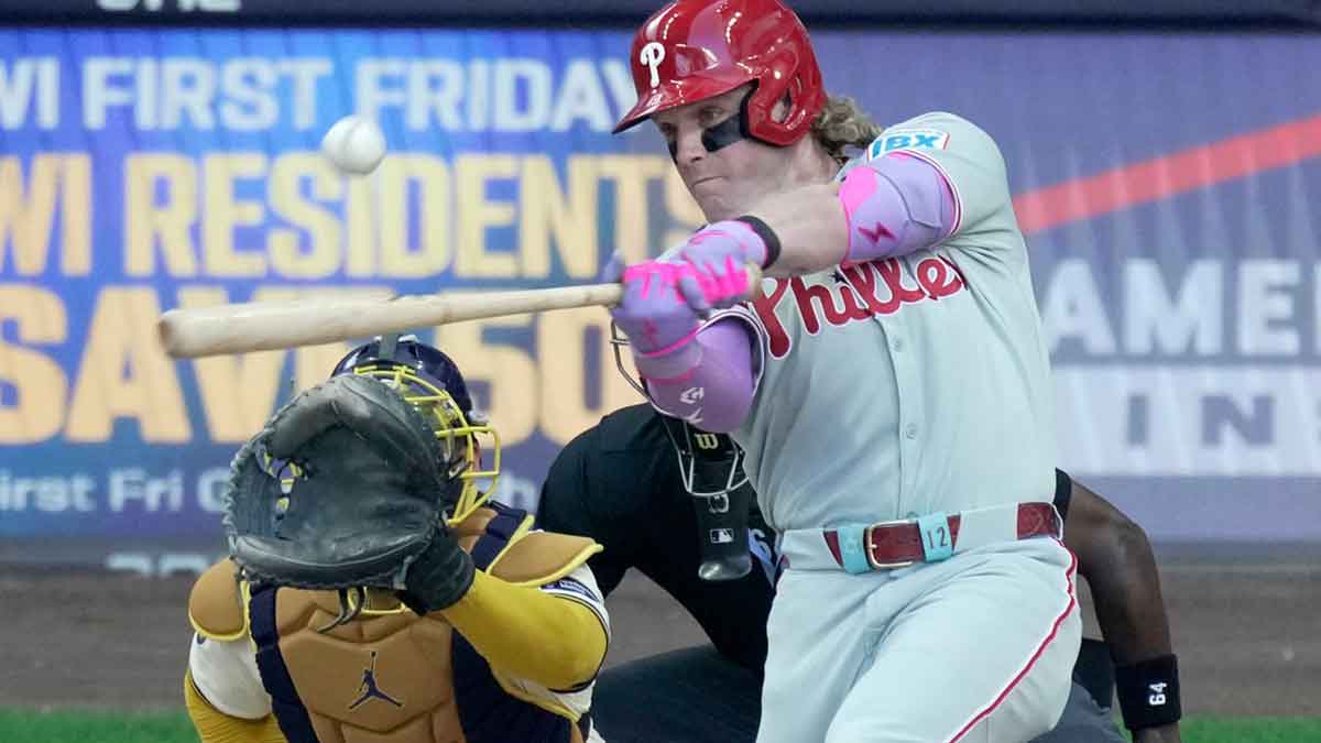 Philadelphia Phillies outfielder Harrison Bader (2) hits a one run double during the sixth inning of their game against the Milwaukee Brewers Monday, September 1, 2025 at American Family Field in Milwaukee, Wisconsin.