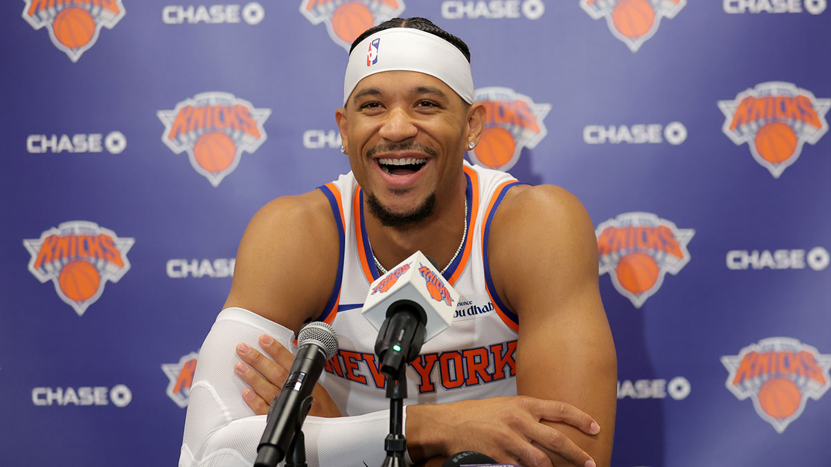 New York Knicks guard Josh Hart speaks to the media during a media day press conference at the Madison Square Garden training center.
