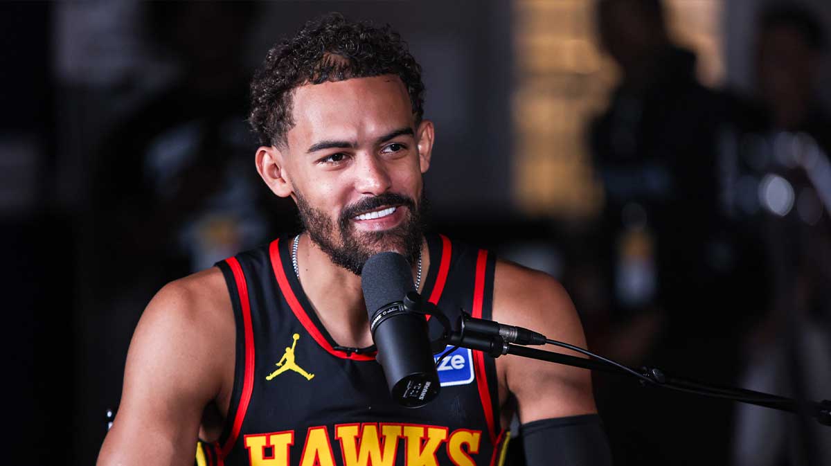 Hawks guard Trae Young (11) talks to reporters at media day 2025-26 Hawks