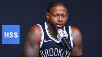 Sep 23, 2025; Brooklyn, NY, USA; Brooklyn Nets forward Haywood Highsmith (7) speaks at Media Day. Mandatory Credit: Wendell Cruz-Imagn Images