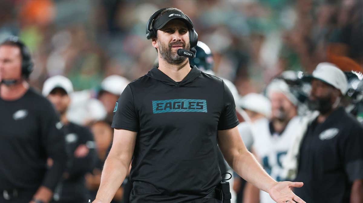 Philadelphia Eagles head coach Nick Sirianni reacts during the second half against the New York Jets at MetLife Stadium.