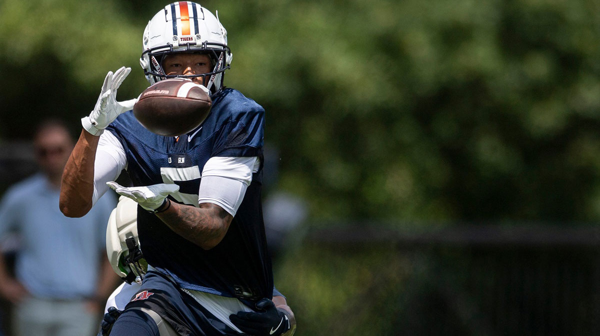 Auburn Tigers wide receiver Horatio Fields (5) catches a pass during practice at Woltosz Football Performance Center in Auburn, Ala. on Thursday, Aug. 14, 2025.