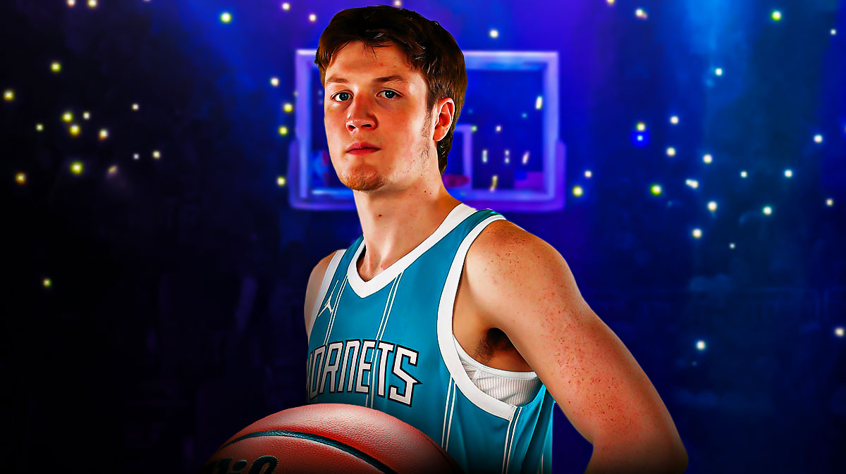 Kon Knueppel in the Hornets jersey with the Basketball. Hornets player who will shock world with breakout 2025-26 season
