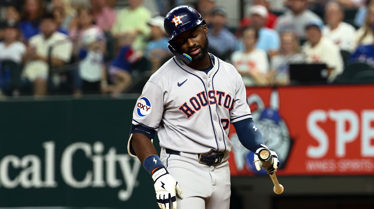 Houston Astros center fielder Taylor Trammell (26) reacts after striking out during the fourth inning against the Texas Rangers at Globe Life Field.