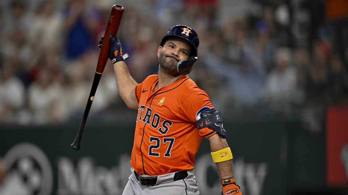Houston Astros designated hitter Jose Altuve (27) throws his bat during the game between the Texas Rangers and the Houston Astros at Globe Life Field.