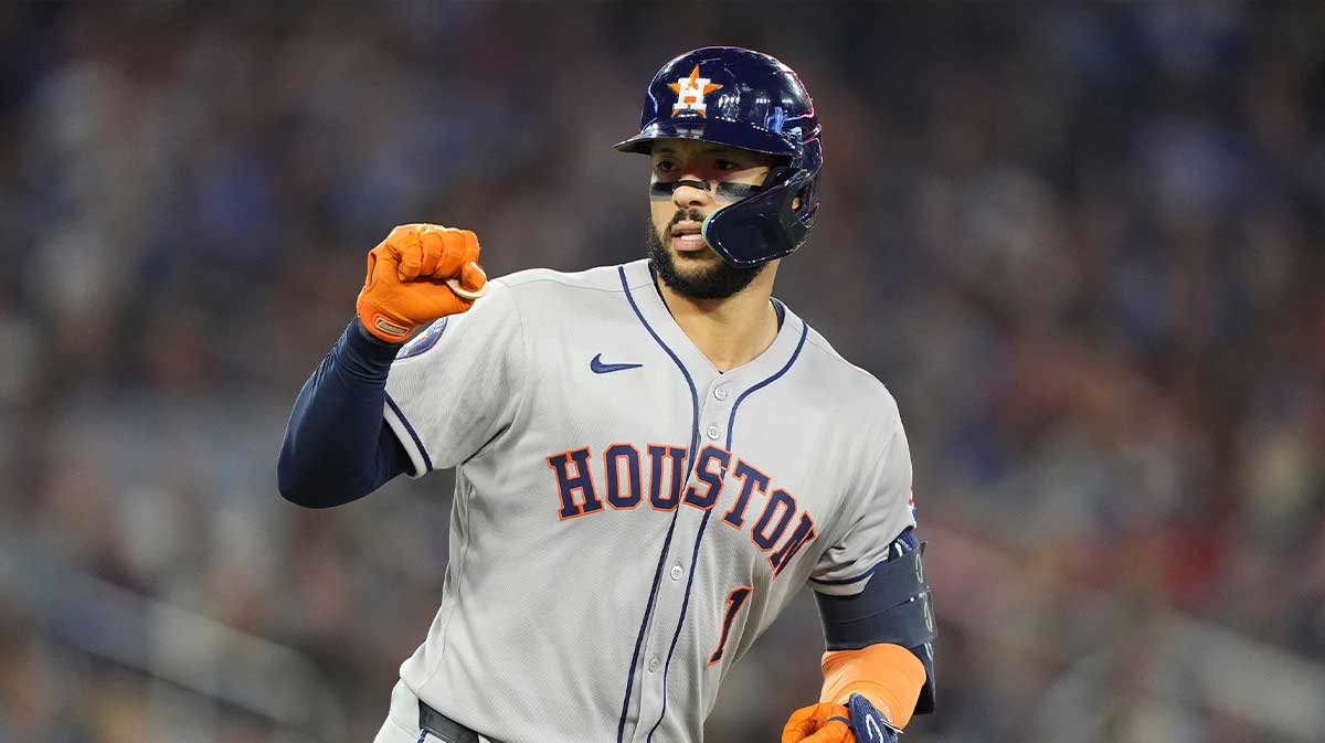 Houston Astros shortstop Carlos Correa (1) reacts after hitting a solo home run against the Toronto Blue Jays during the sixth inning at Rogers Centre.