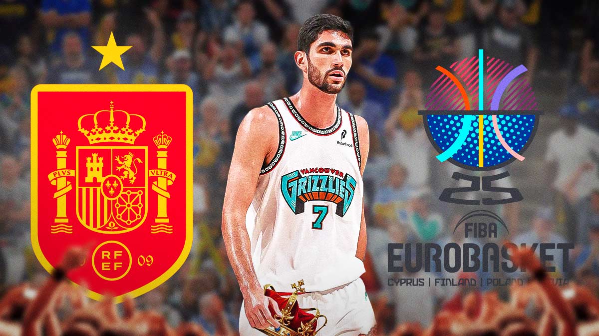 Santi Aldama (Grizzlies jersey) holding a crown, Spanish National Team badge/crest, FIBA EuroBasket logo