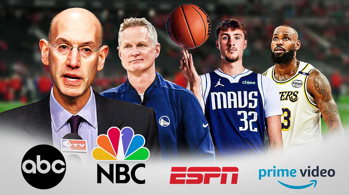 Adam Silver, Steve Kerr, Cooper Flagg, LeBron James, NBA logo, NBC Peacock