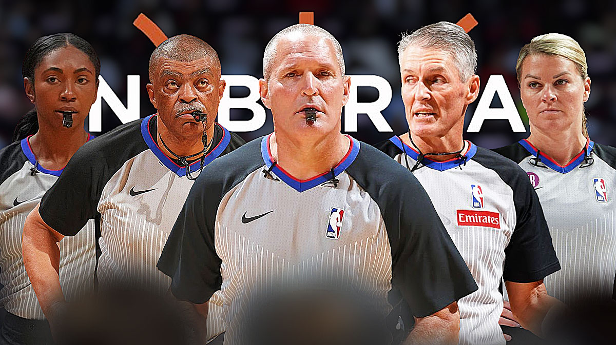 NBA refs Tony Brothers, Scott Foster, Danielle Scott, and Jenna Schroeder National Basketball Referee Association (NBRA) logo NBA VP Monty McCutchen