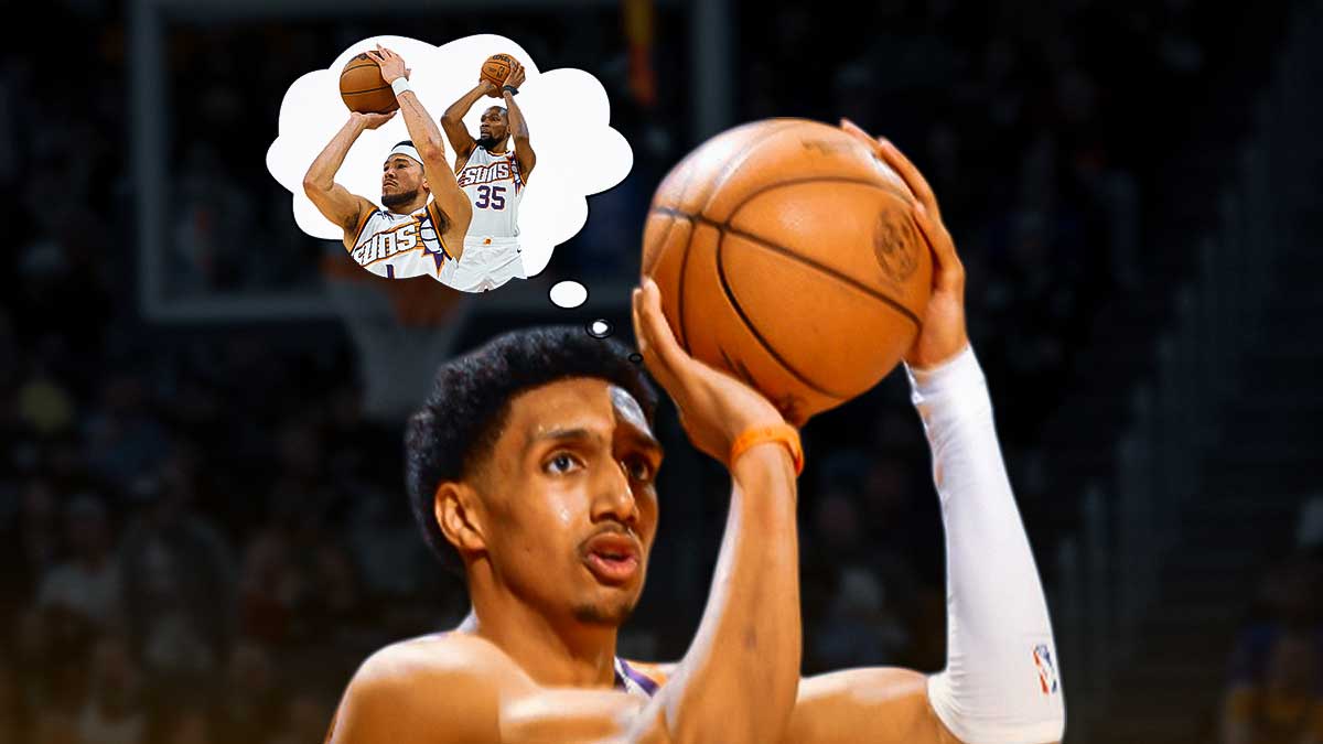Ryan Dunn in a Phoenix Suns jersey shooting a ball of fire, with a thought bubble of Devin Booker and Kevin Durant both shooting a basketball