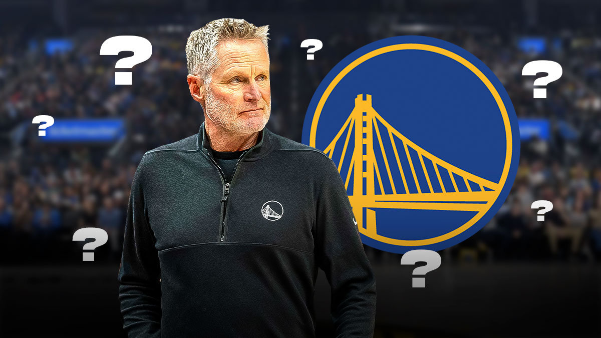 Steve Kerr and the Golden State Warriors logo with question marks all around them