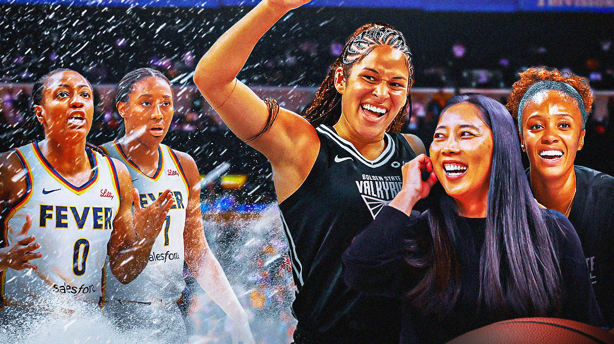 Natalie Nakase, Veronica Burton, and Iliana Rupert happy while Aliyah Boston and Kelsey Mitchell look sad in the cold snowy wind.