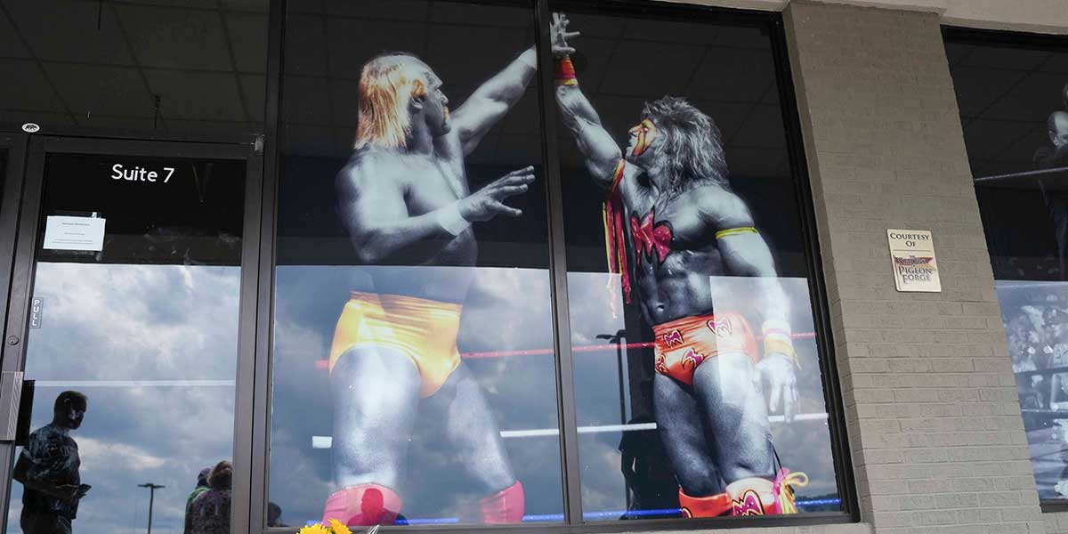Flowers outside the closed Hulk Hogan's Wrestling Shop in Pigeon Forge, Tenn., at 147 East Wears Valley Road on July 24, 2025. Hulk Hogan's death was announced on July 24.