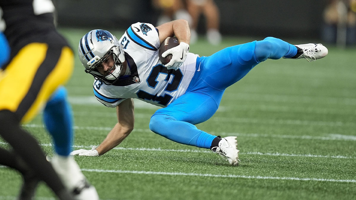 Aug 21, 2025; Charlotte, North Carolina, USA; Carolina Panthers wide receiver Hunter Renfrow (13) dives for the reception against the Pittsburgh Steelers during the first quarter at Bank of America Stadium.