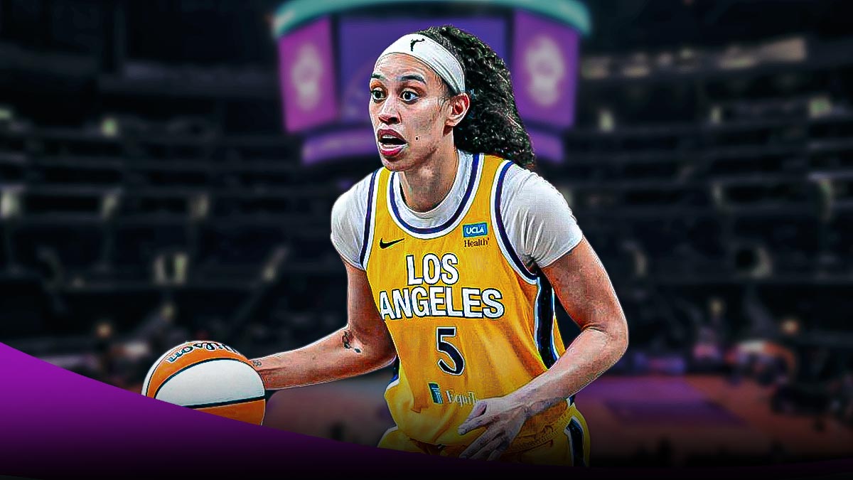 LA Sparks player Dearica Hamby with the LA Sparks arena in the background, season