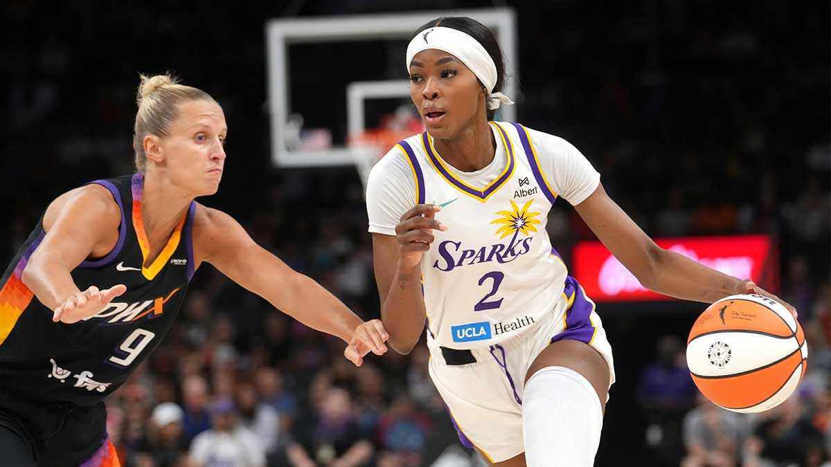 Phoenix Mercury guard Kitija Laksa (9) defends Los Angeles Sparks forward Rickea Jackson (2) at PHX Arena on Sept. 9, 2025.
