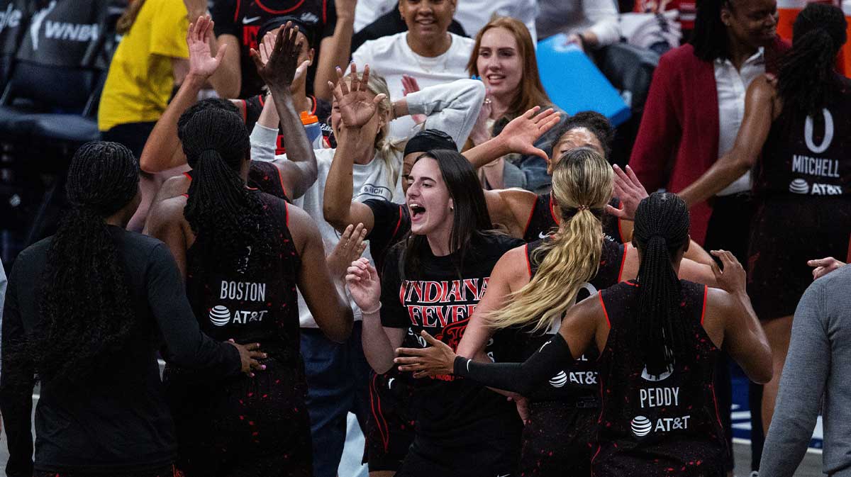 Indiana Fever guard Caitlin Clark (22) celebrates during game two of round one against the Atlanta Dream for the 2025 WNBA Playoffs at Gainbridge Fieldhouse.