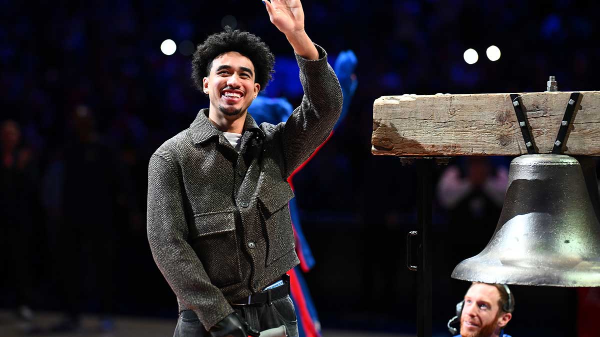 Philadelphia 76ers guard Jared McCain (20) reacts before the game against the Denver Nuggets at Wells Fargo Center.