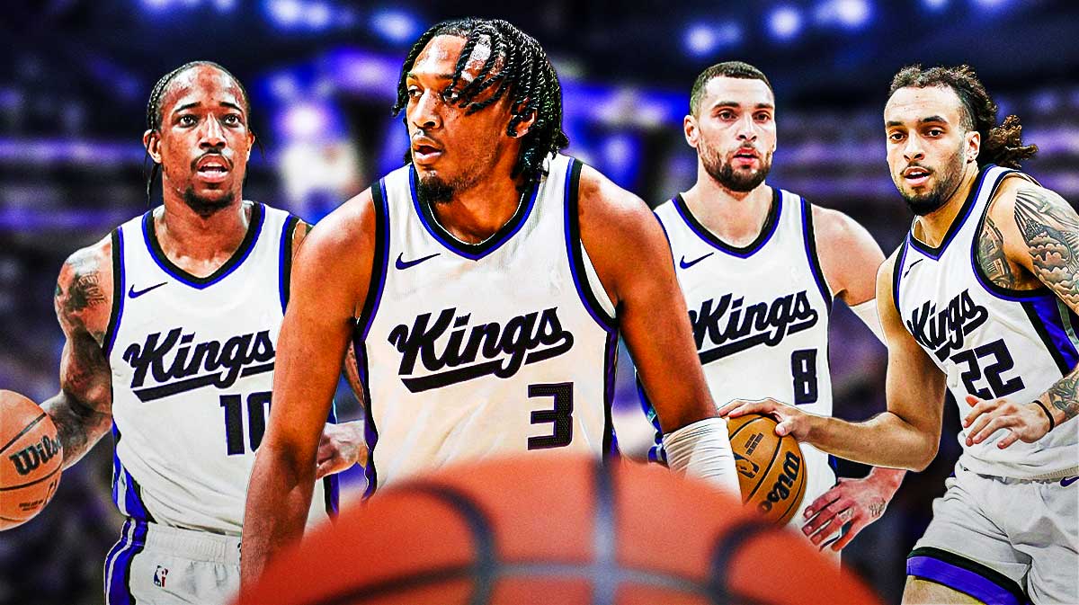 Sacramento Kings players Isaac Jones, DeMar DeRozan, Zach LaVine and Devin Carter with the Sacramento Kings arena in the background
