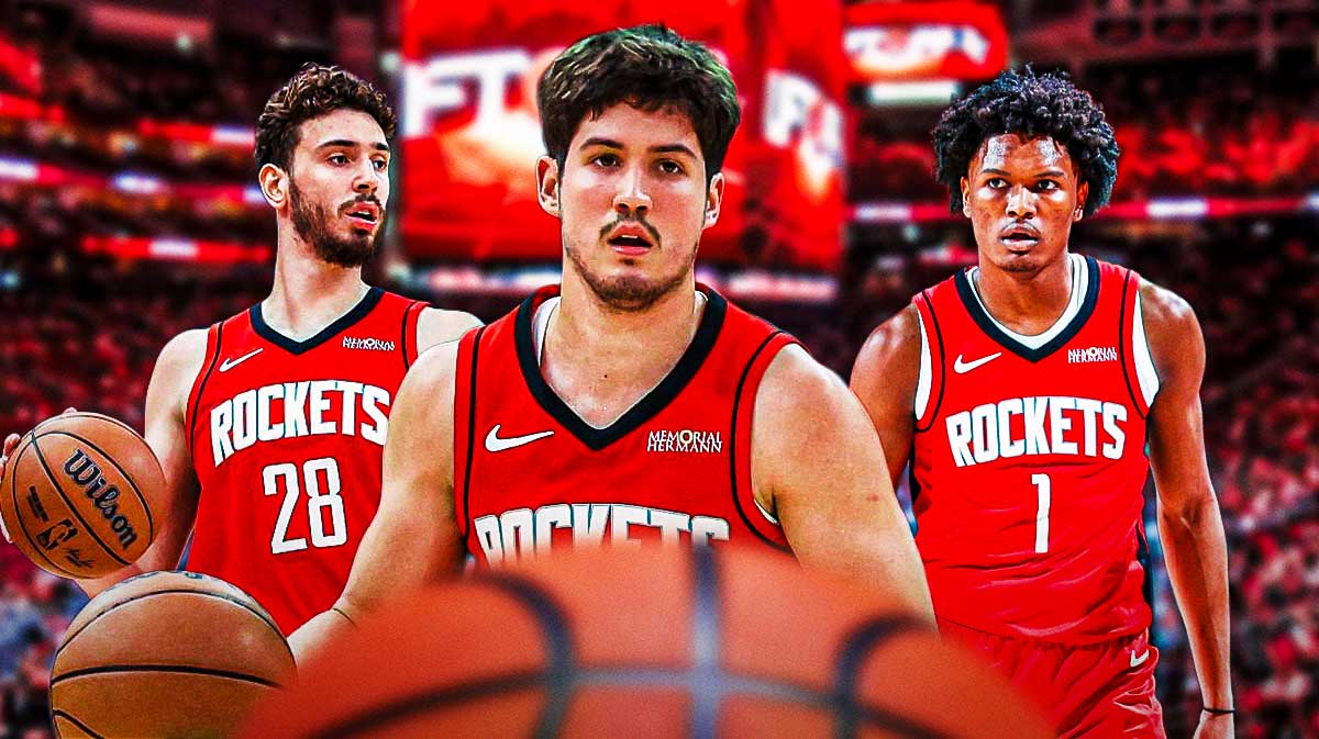 Houston Rockets players Reed Sheppard, Alperen Sengun and Amen Thompson with the Houston Rockets arena in the background
