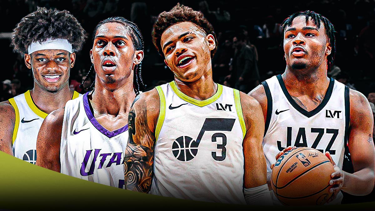 Utah Jazz players Isaiah Collier, Keyonte George, Cody Williams and Taylor Hendricks with the Utah Jazz arena in the background, breakout season
