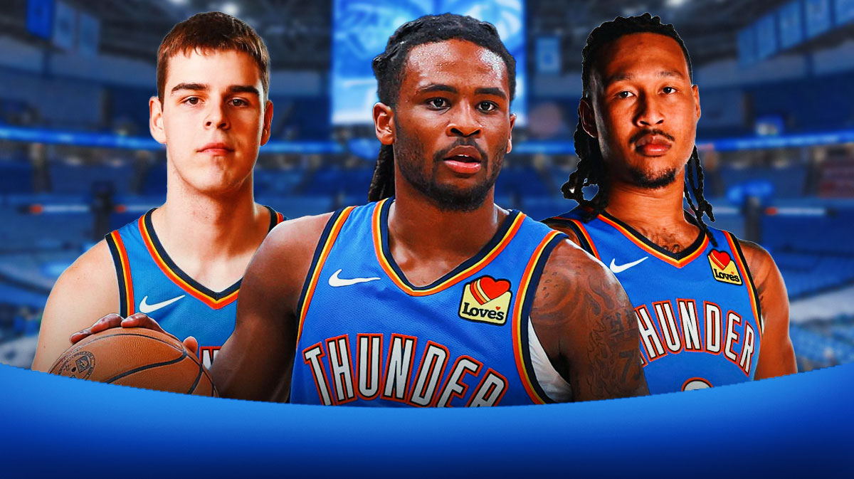 OKC Thunder players Nikola Topic, Cason Wallace and Jaylin Williams with the OKC Thunder arena in the background, breakout season