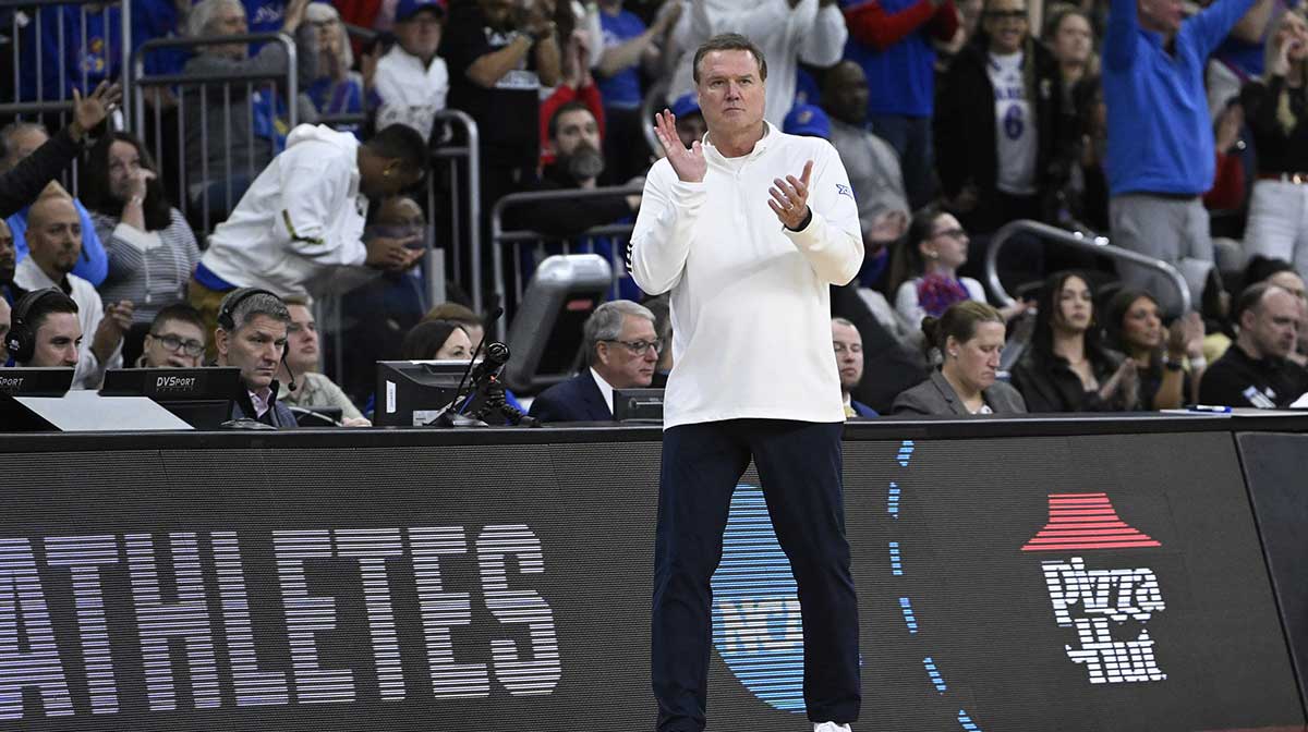 Kansas Jayhawks head coach Bill Self reacts during the first half against the Arkansas Razorbacks at Amica Mutual Pavilion.