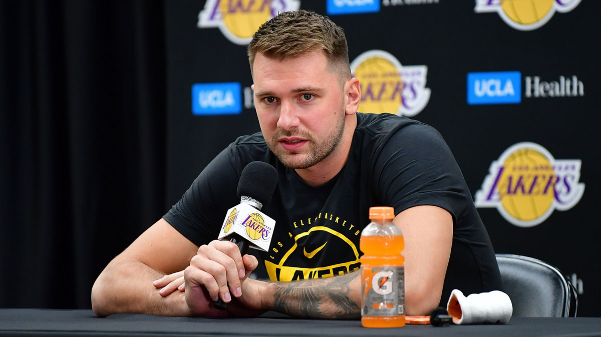 Los Angeles Lakers guard Luka Doncic (77) during media day at UCLA Health Training Center.