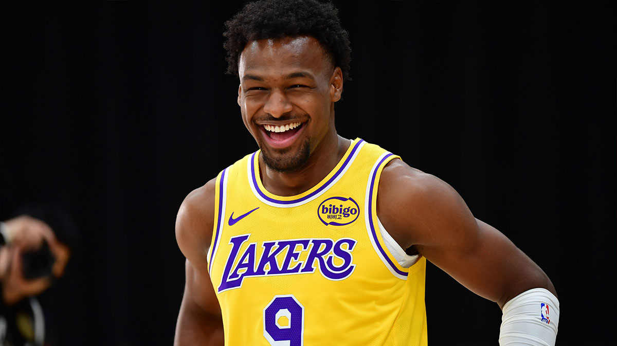 Los Angeles Lakers guard Bronny James (9) reacts during media day at UCLA Health Training Center.