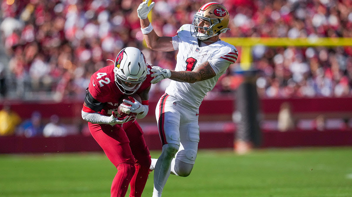 Arizona Cardinals safety Dadrion Taylor-Demerson (42) makes the interception in front of San Francisco 49ers wide receiver Ricky Pearsall (1) during the second half at Levi's Stadium.