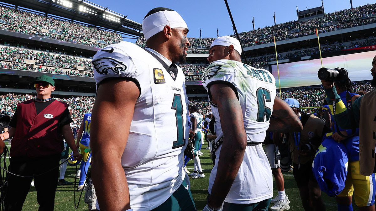 Philadelphia Eagles quarterback Jalen Hurts (1) and wide receiver Devonta Smith (6) after a victory against the Los Angeles Rams at Lincoln Financial Field.