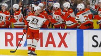 The Anaheim Ducks celebrate a goal scored by forward Mason MacTavish (23) during the first period against the Edmonton Oilers at Rogers Place