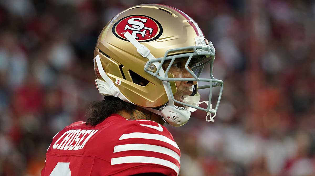 Washington Commanders/San Francisco 49ers wide receiver Robbie Chosen (3) looks back at this teammates in frustration during a game against the Denver Broncos.